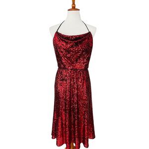 NWT Dress the Population Zherra Red Cowl Neck Sequin Midi Dress Size XS